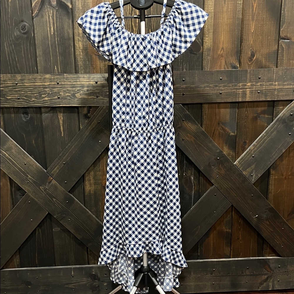 Lildy Plaid‎ Off The Shoulder Midi Dress L XL Blue White Ruffle Boho Cottagecore